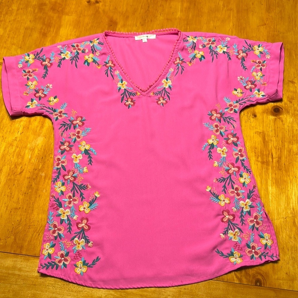 Andree by Unit Boho Pink Floral Embroidered V-Neck Peasant Blouse Short Sleeve - Picture 10 of 10